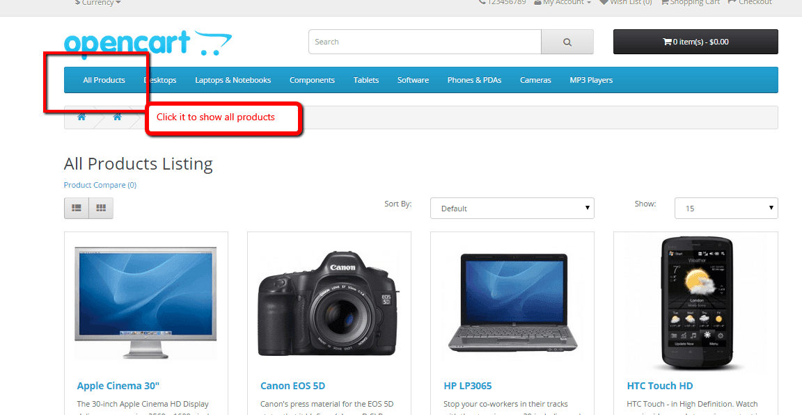 Display all products opencart module for free version 2.3, 2.2, 2.1, 2.0