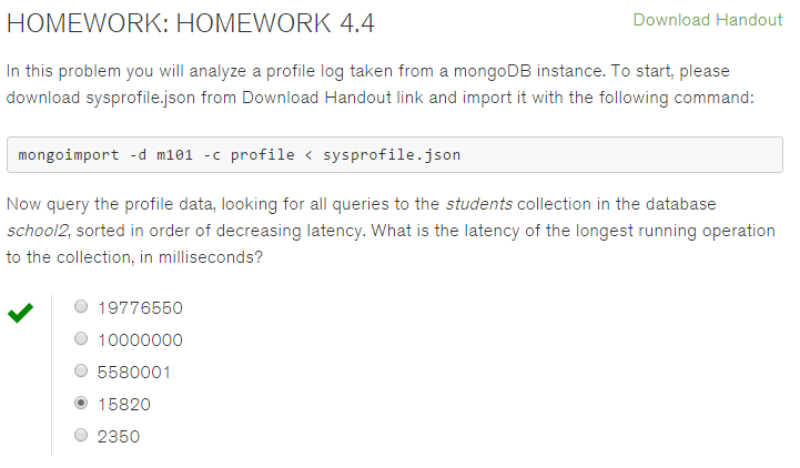 The solution to HOMEWORK 4.4 M101JS: MongoDB for Node.js Developers