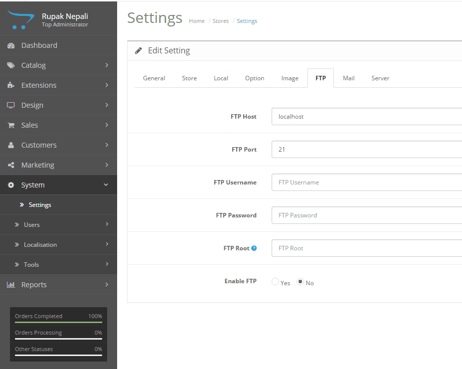 OpenCart error FTP needs to be enabled in the settings