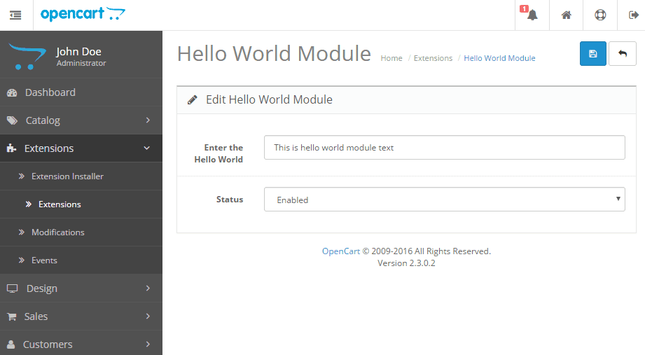 Admin Template file to make hello world &#8211; OpenCart Module Development