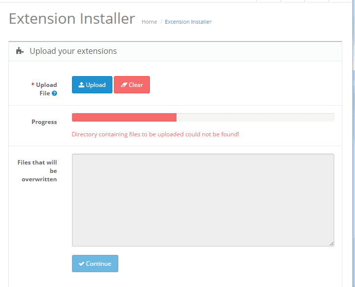 The directory containing files to be uploaded could not be found: OpenCart error
