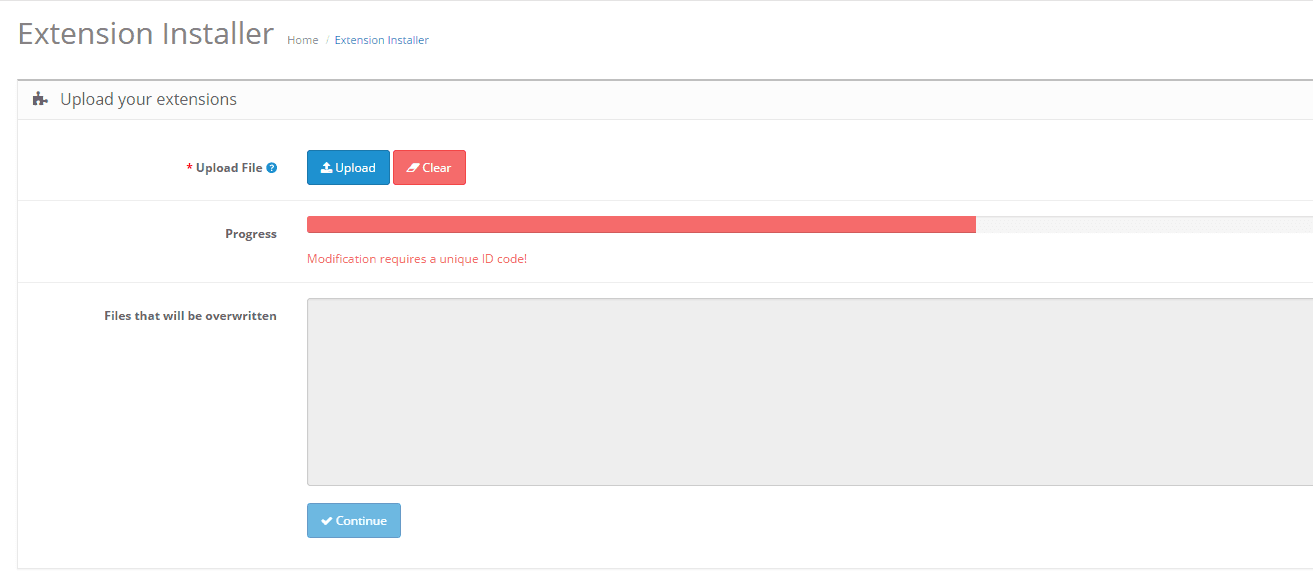 OpenCart error : Modification requires a unique ID code!