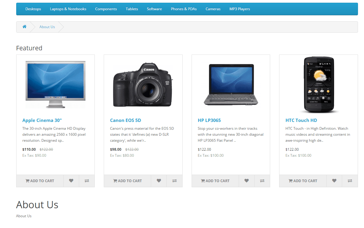 Configure and show how default featured module works Opencart 3