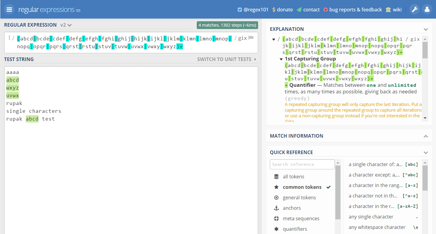 Regex to find the four sequential characters in PHP