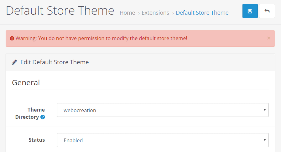 OpenCart 3 error Warning: You do not have permission to modify the default store theme!