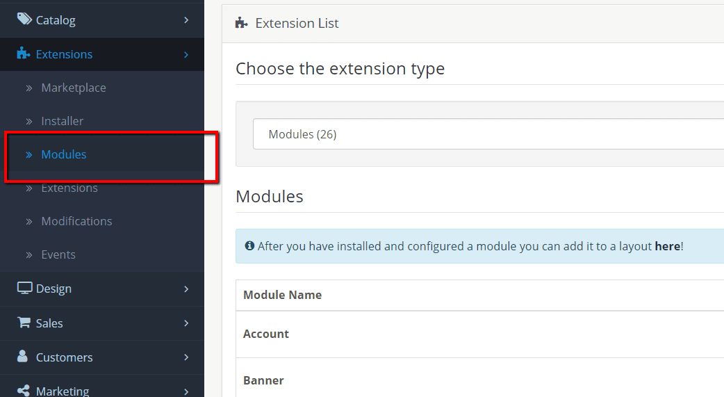 Show Module Link at Left Menu Admin OpenCart 4, 3, 2