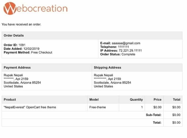 Change email send to the administrator of the opencart store when they get an order