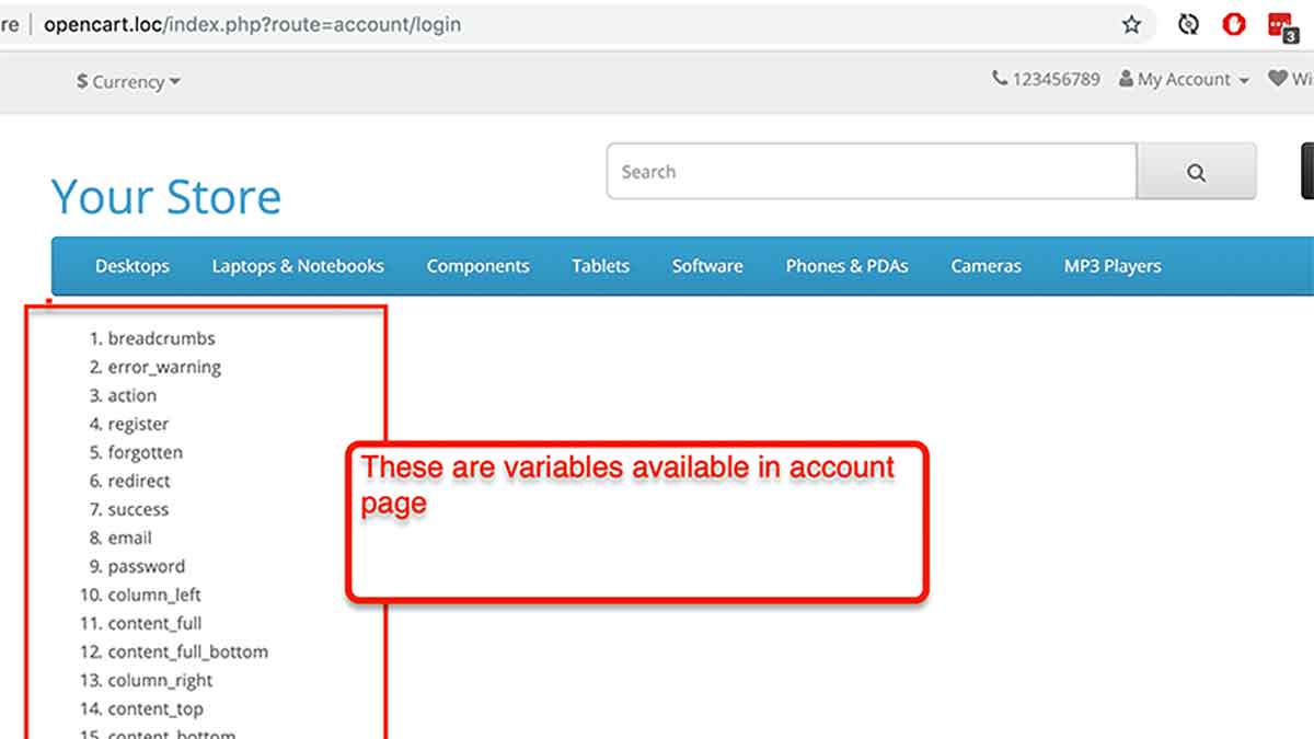 How to see all variables available in twig template in Opencart?